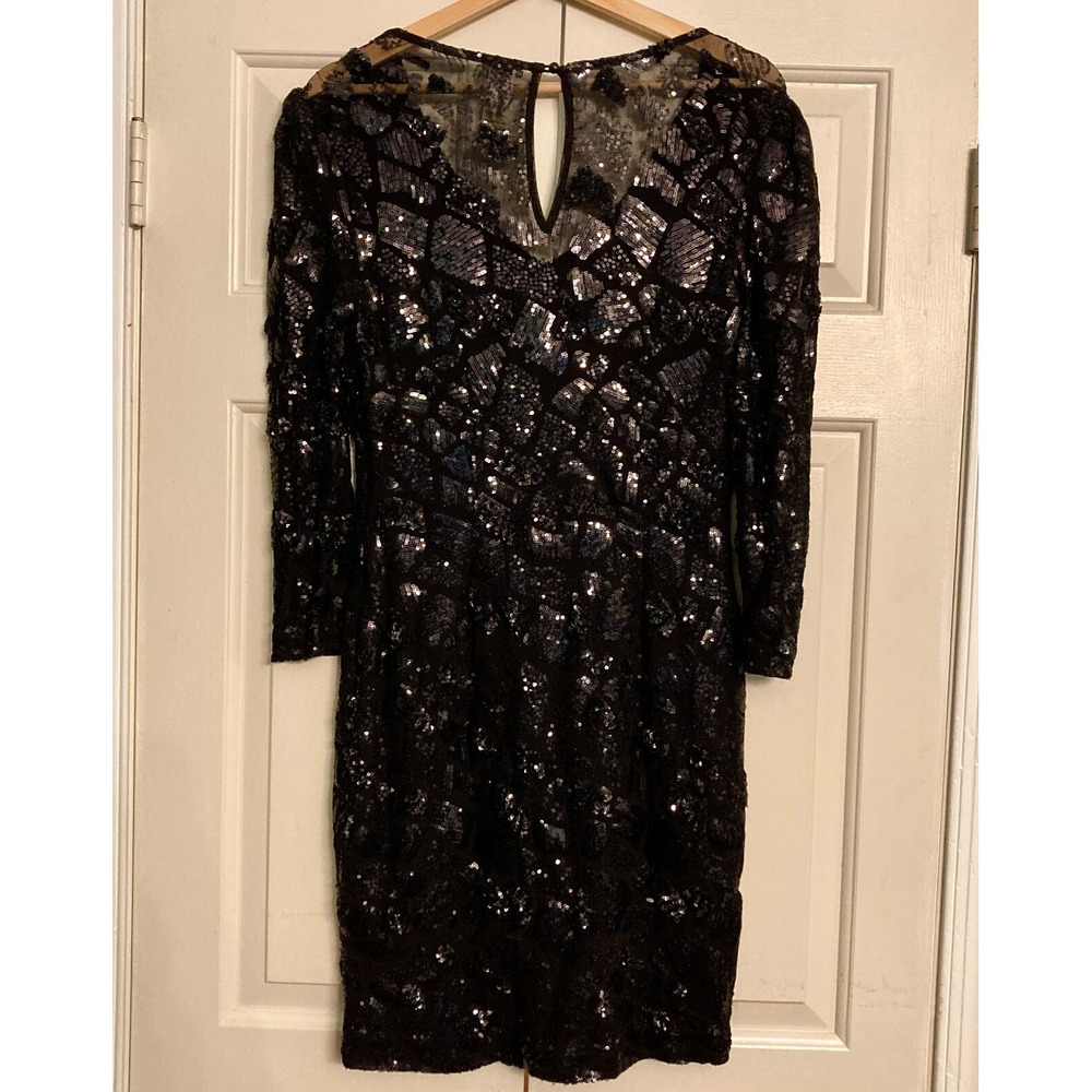 Cache Sequined Long Sleeve Cocktail Bodycon Dress Black Womens Size 6 - Picture 2 of 8